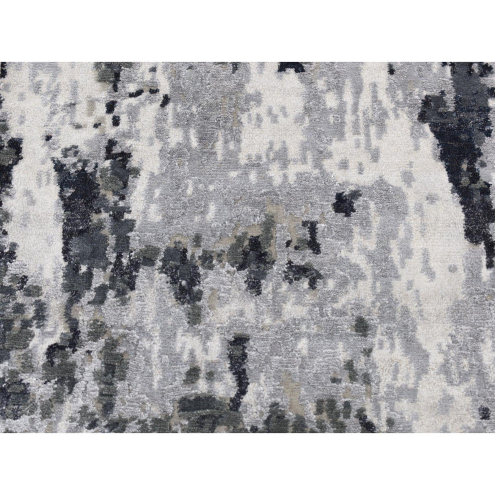 Olive Black Abstract Design Wool and Silk Hand Knotted Runner Rug 2'7" x 6'2"