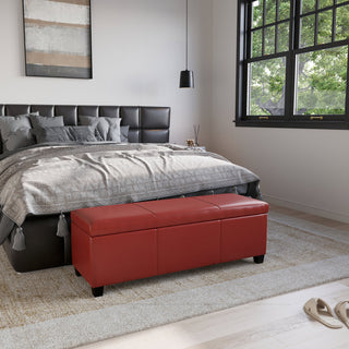 48" Elegant Leather/Linen Rectangular Storage Ottoman, Red