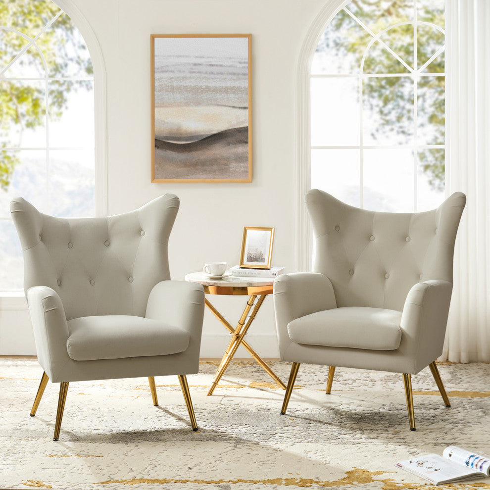 Upholstered Accent Chair With Tufted Back, Set of 2, Tan