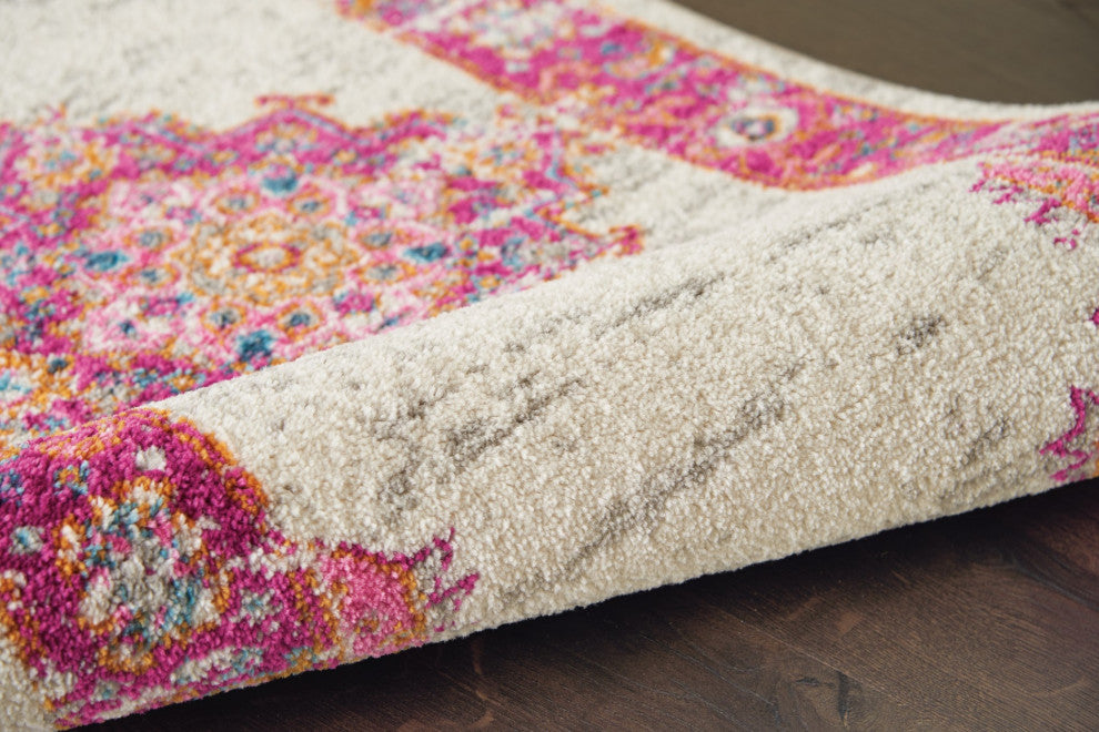 7 x 10' Ivory and Fuchsia Distressed Area Rug