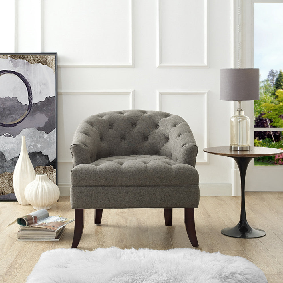 Rocco Linen Barrel Diamond Tufted Accent Chair, Charcoal