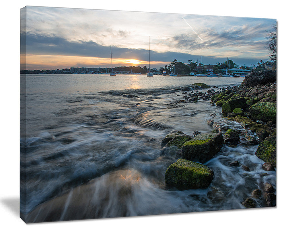 "White Waves Hitting Rocky Seashore" Seashore Canvas Print, 20"x12"