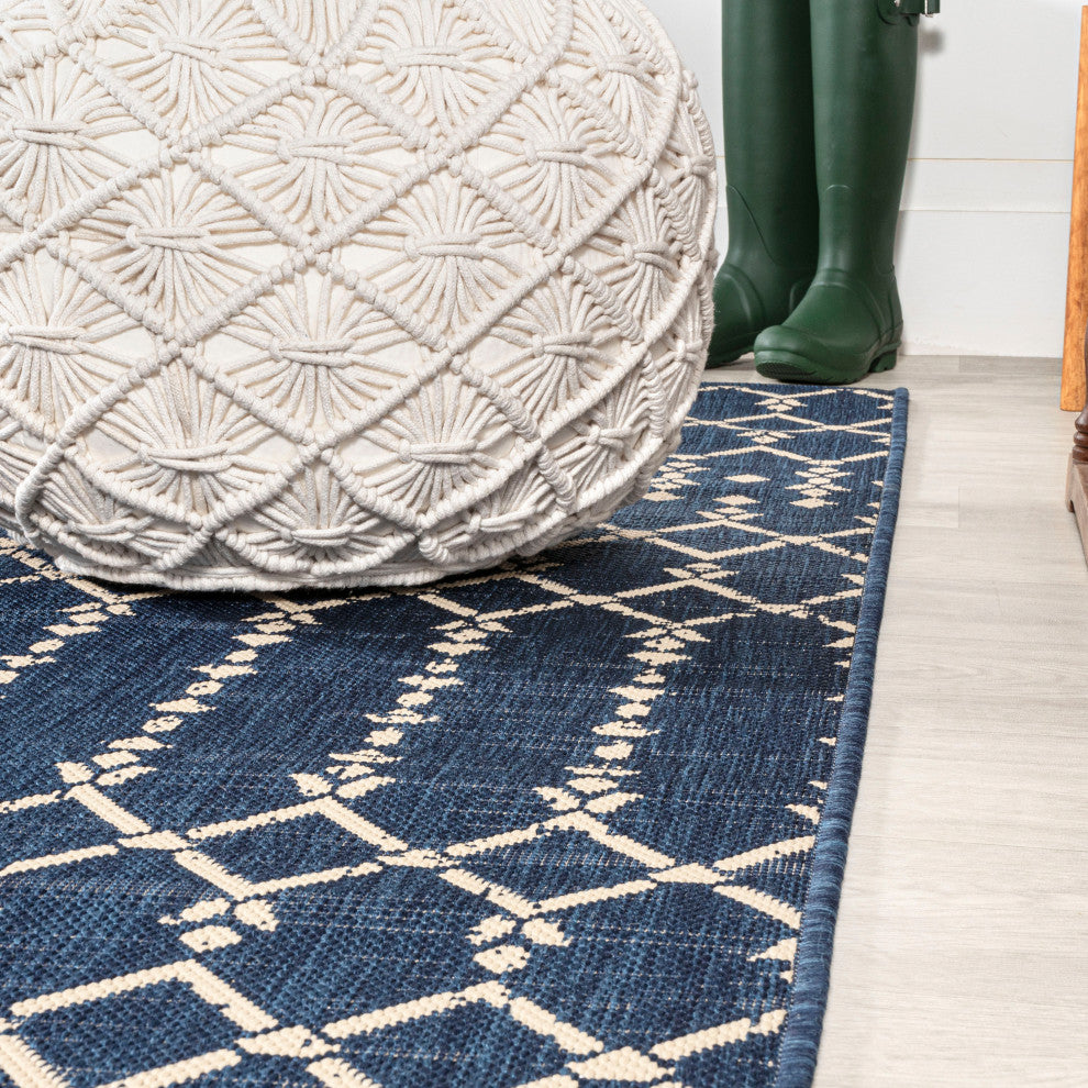 Ourika Moroccan Geometric Indoor/Outdoor Rug, Navy/Beige, 4x6