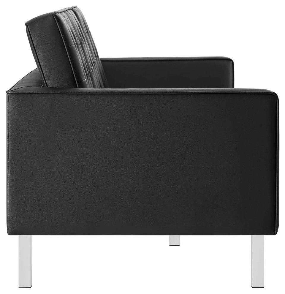 Loft Tufted Vegan Leather Sofa and Ottoman Set, Silver Black