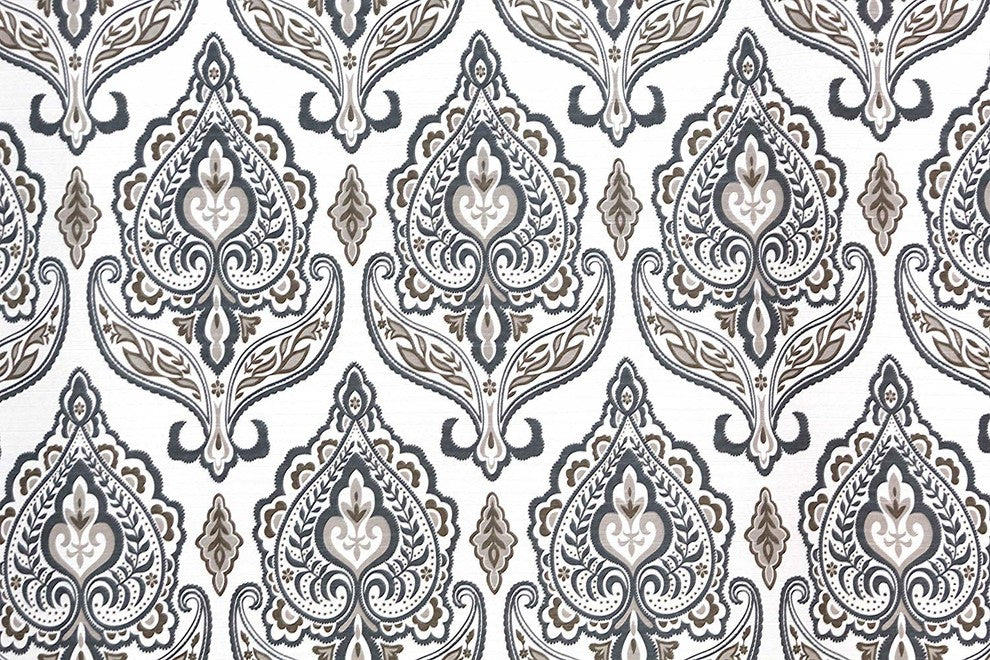 Charcoal Grey Tan White Fabric Shower Curtain: Floral Damask Geometric Border