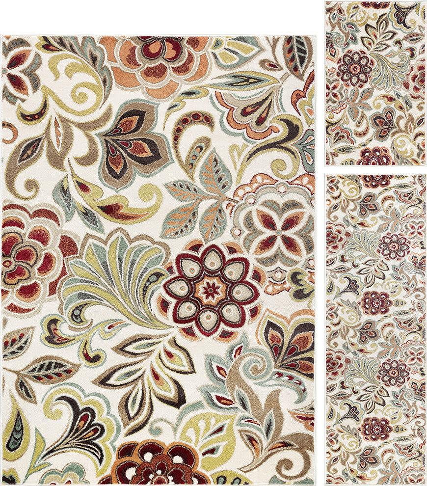 Dilek Transitional Floral Area Rug, Ivory, 5' X 7', 20'' X 60'', 20'' X 32''