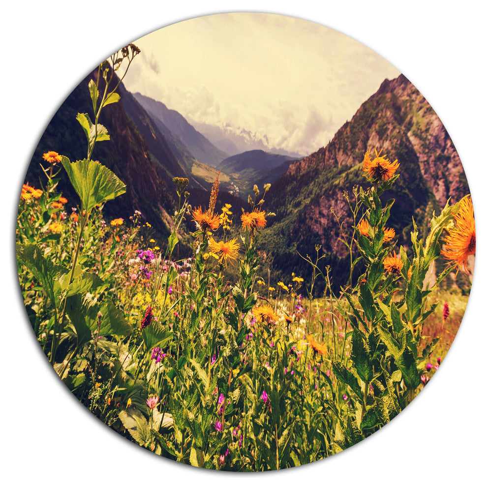 Green Mountain Meadow With Flowers, Flower Round Metal Wall Art, 11"