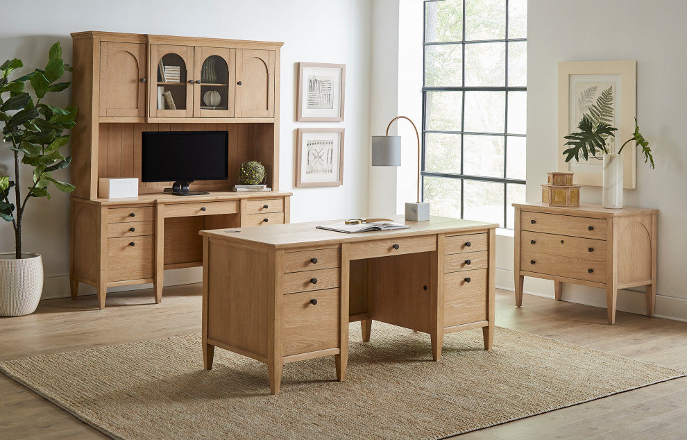 Modern Wood Double Pedestal Desk, Wood Office Desk, Fully Assembled, Light Brown