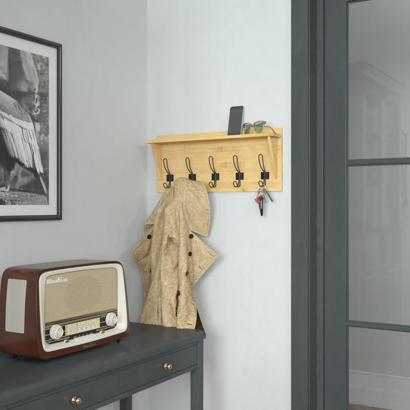 Daly Wall Mounted Solid Pine Wood Storage Rack With Upper Shelf and 5 Hooks, Bamboo