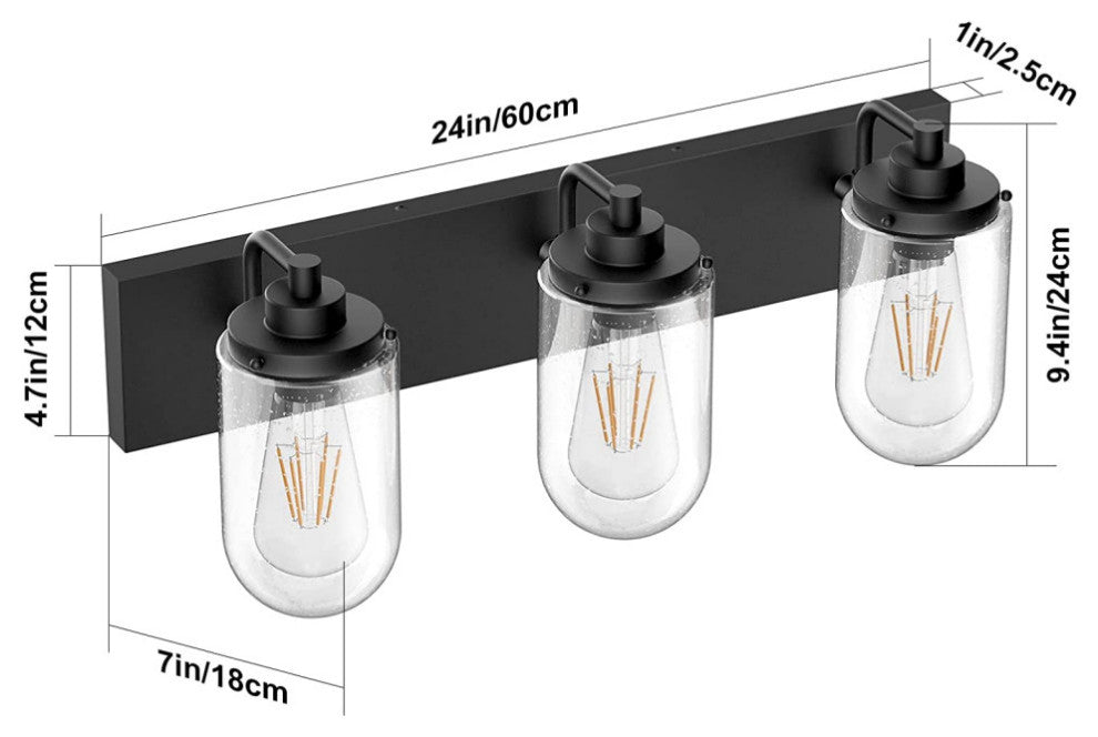 3 light matte black wall light fixture industrial glass bathroom wall lamp