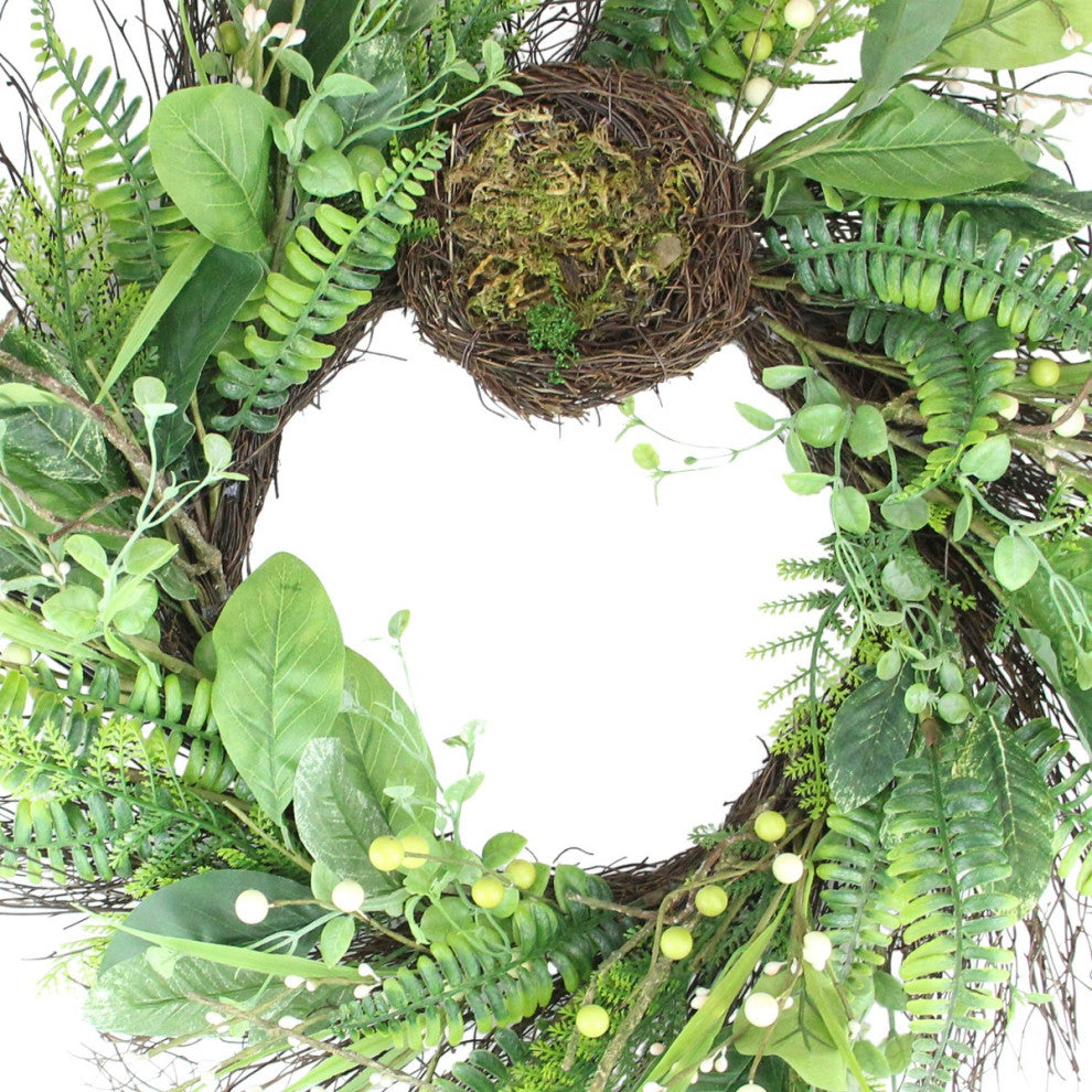 Green and Brown Foliage Artificial Spring Wreath with Nest - 24-Inch, Unlit