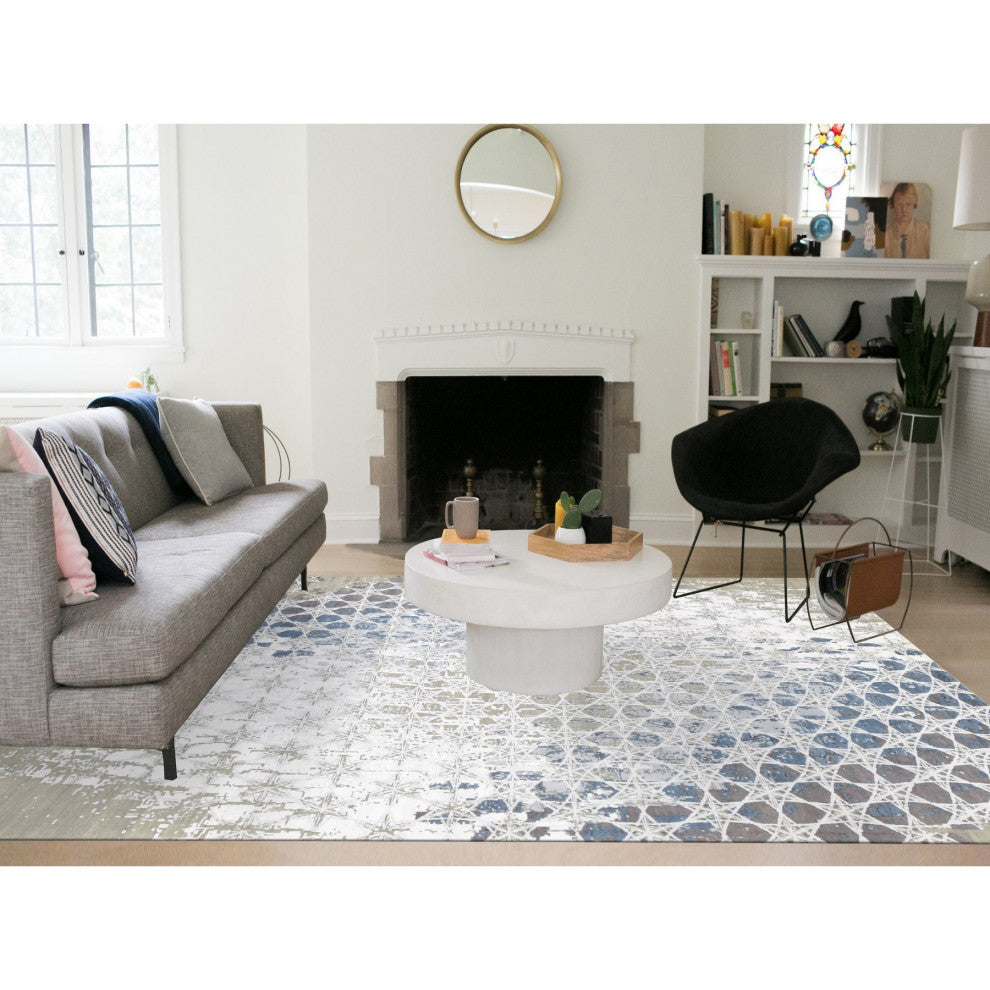 Gray, THE HONEYCOMB Design, Hand Knotted Wool and Silk Rug, 10'x14'1"