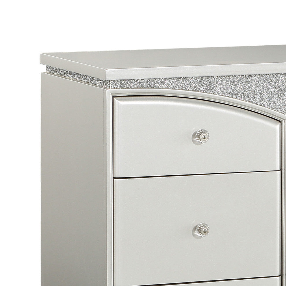 Benzara BM204550 9 Drawer Wooden Dresser With Rhinestone Inlays, Silver