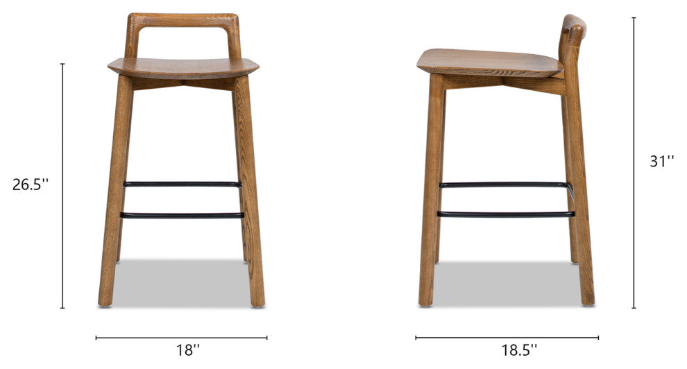 Sven 26.5" Low Back Solid Ash Wood Counter Stool, Dark Brown Walnut