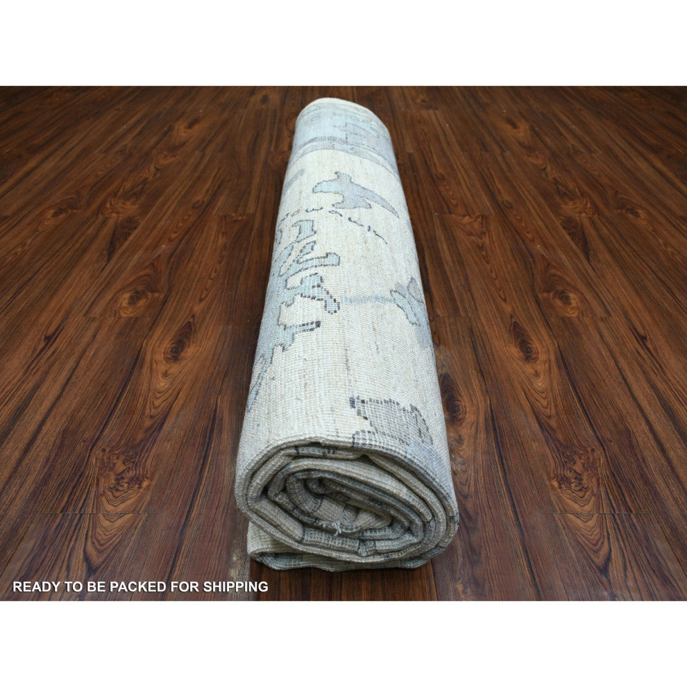 Ivory Hand Knotted Afghan Angora Oushak With Leaf Design Soft Wool Rug, 8'x9'9"