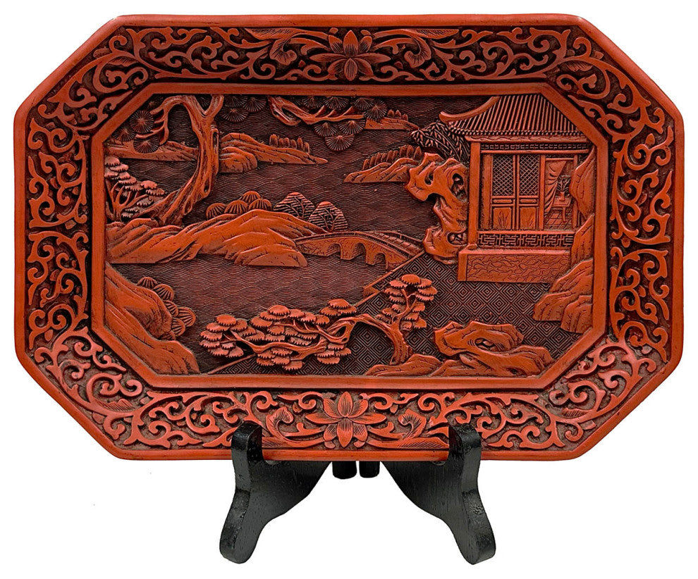 Consigned Mid-20th Century Chinese Hand Carved Cinnabar Lacquer Plate