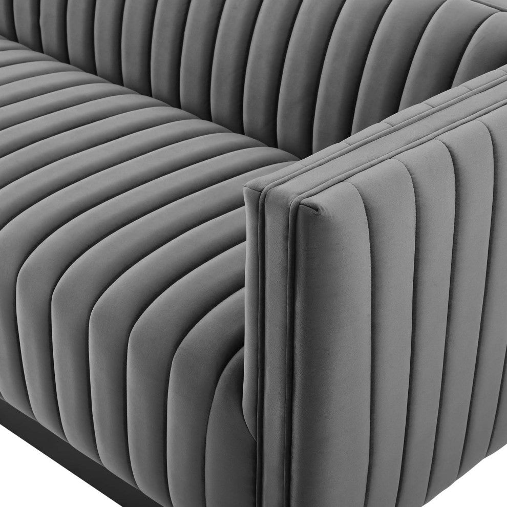 Tufted Sofa, Velvet, Gray, Modern, Living Lounge Hotel Lobby Hospitality