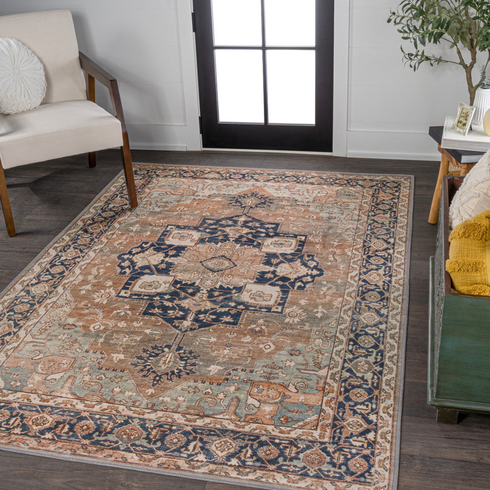Maris Ornate Medallion Machine-Washable Beige/Blue 5 ft. x 8 ft. Area Rug