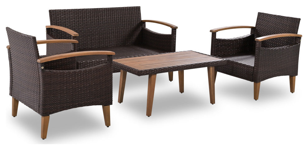 4-Piece Outdoor Wicker Patio Sofa Set with Wood Table and Removable Cushions, Beige