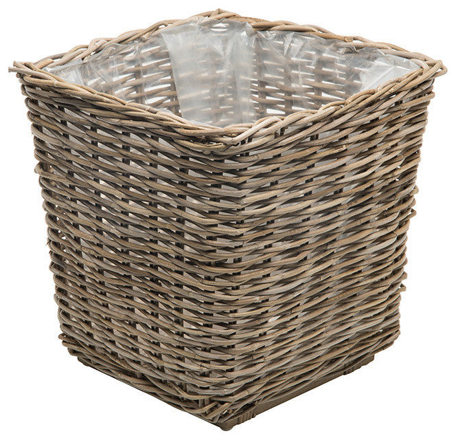 Rattan Kobo Square Planter With Plastic Liner, Gray