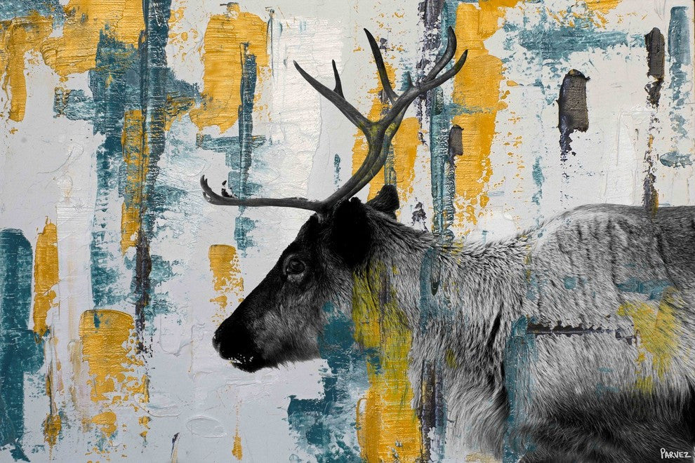 "Teal Yellow Reindeer" Painting Print on Wrapped Canvas, 18"x12"