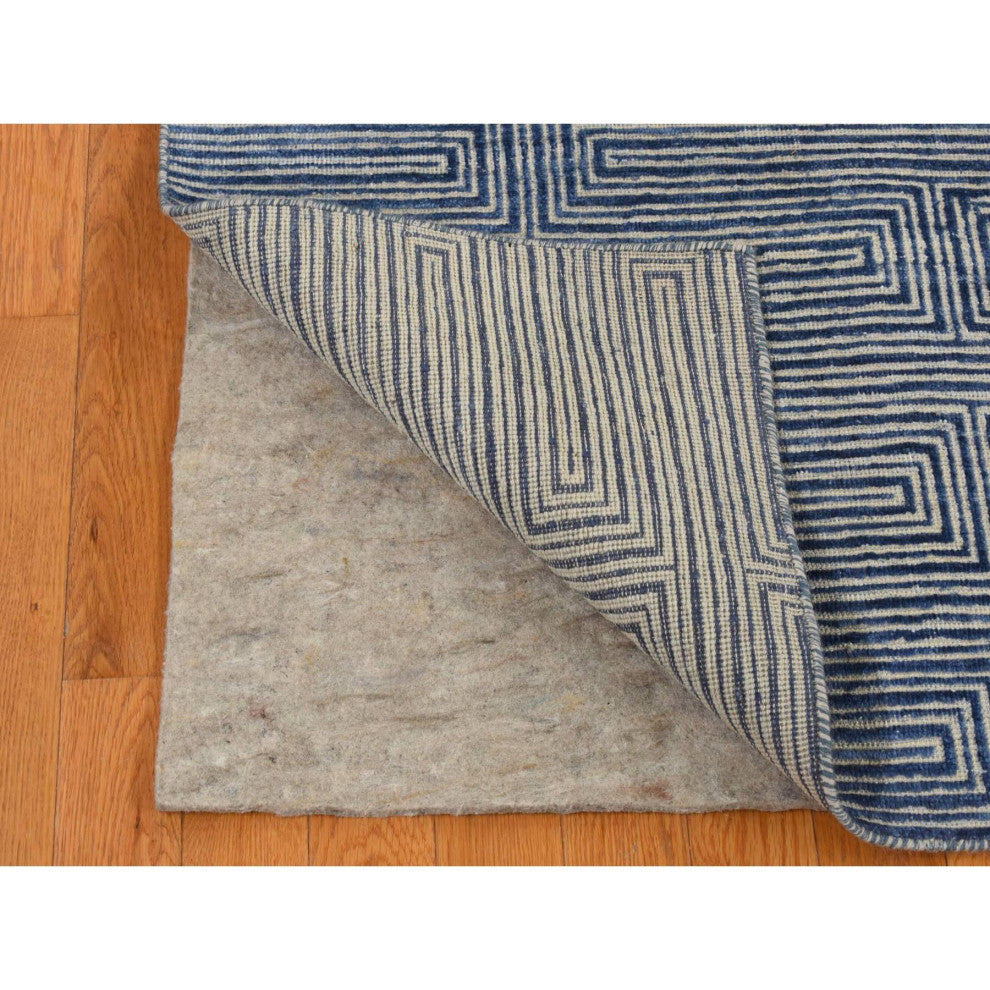 Blue, Silk With Wool, Maze Design, Hand Knotted Rug, 8'x10'