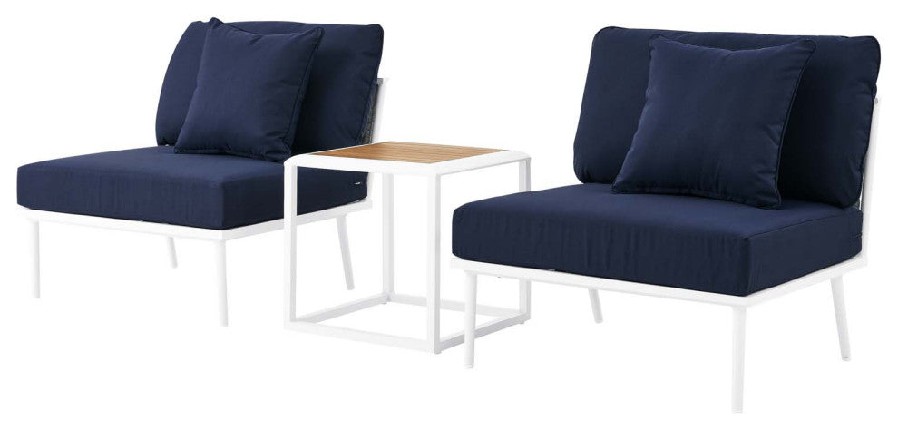 Lounge Chair Table Set, Navy White, Aluminum, Modern, Outdoor Patio Hospitality