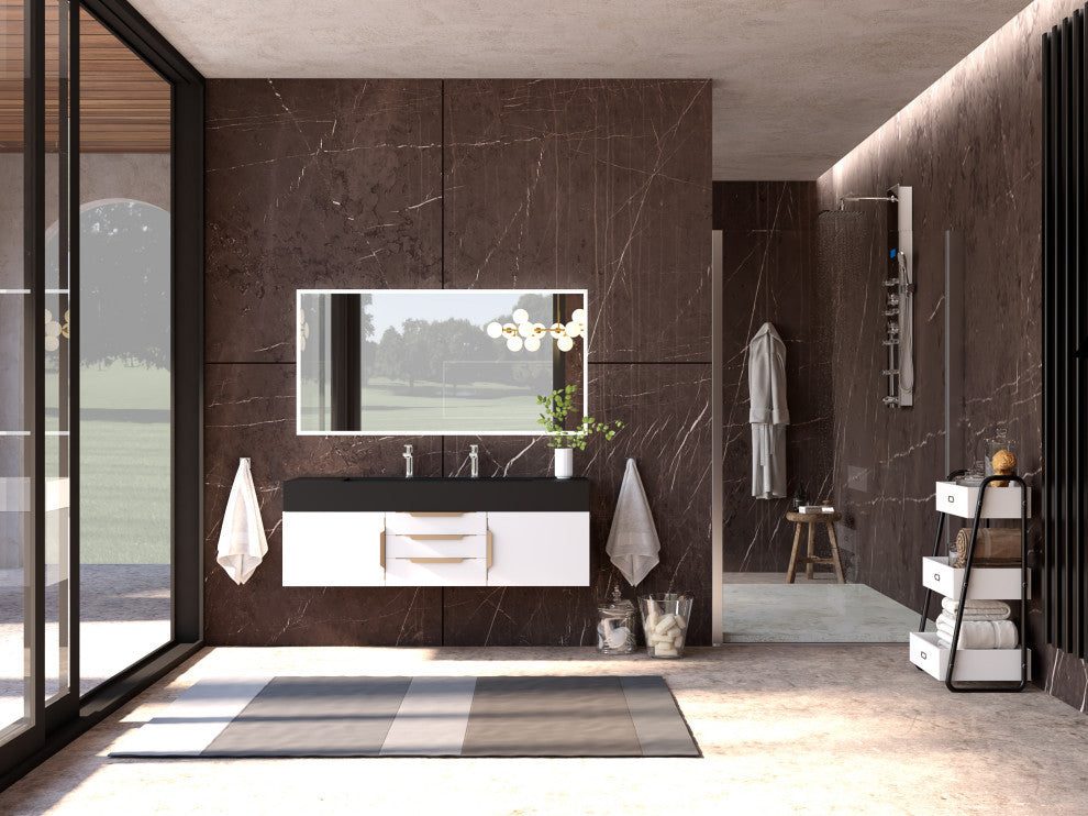 CastelloUSA Alpine 60" Wall Mounted Vanity, Base Only, White, Gold Handles
