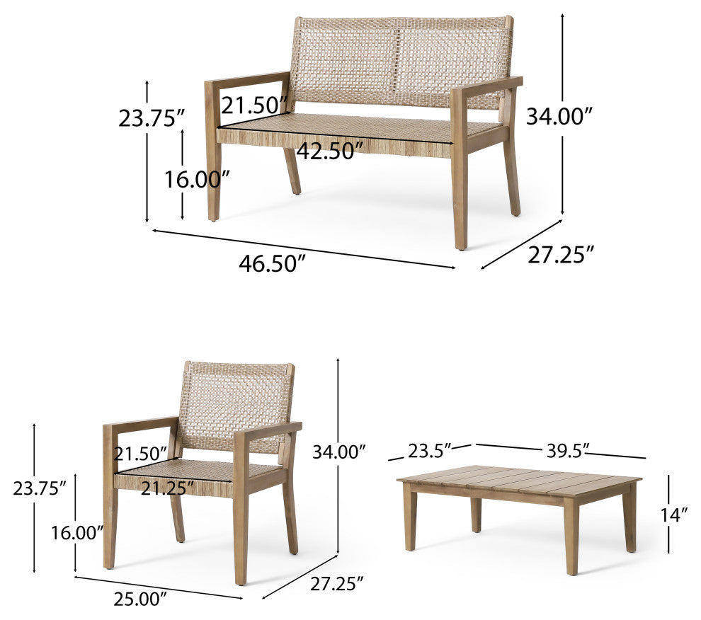 Elmcrest Outdoor Wicker and Acacia Wood 4 Seater Chat Set