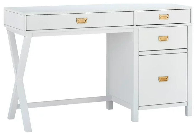 Contemporary Desk, X-Leg & 4 Spacious Drawers With Metal Pull Handles, White