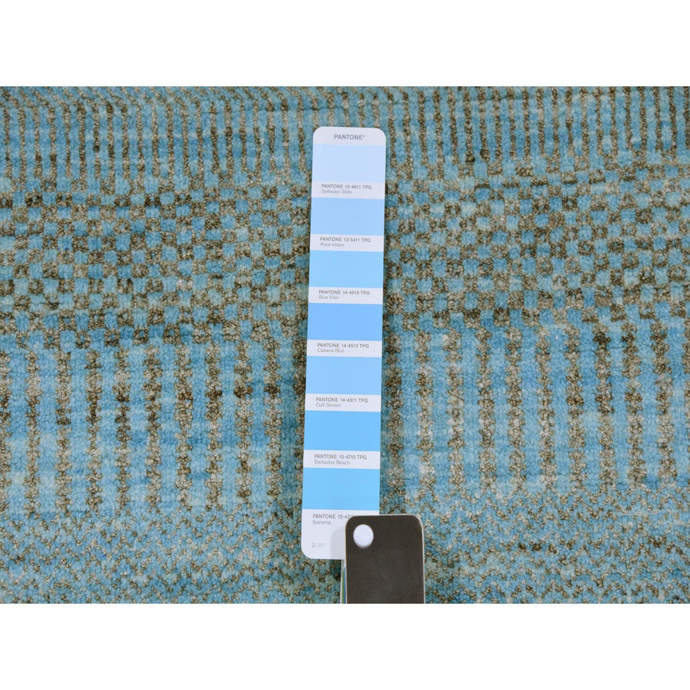 Blue Hand Knotted Dyed Wool and Silk Grass Design XL Runner Rug  2'6"x16'3"