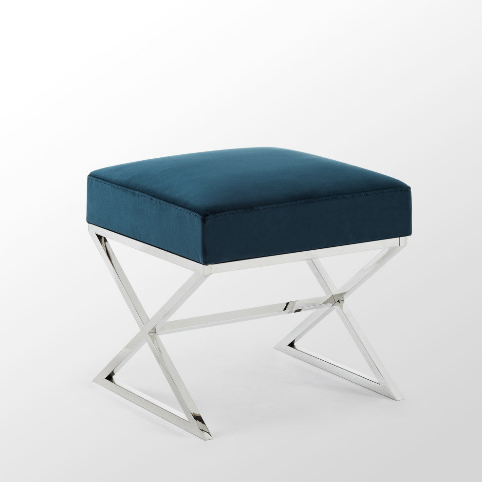Oria Velvet X-Leg Chrome or Gold Base Ottoman, Navy/ Chrome