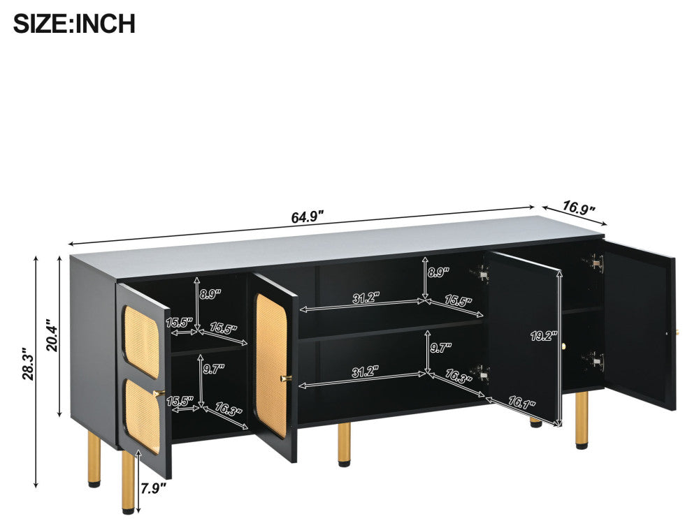 Gewnee  TV Stand with Rattan Door, Black