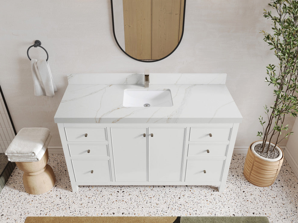 Chicago 60" Single Sink Bathroom Vanity, White 2" Calacatta Sienna Quartz