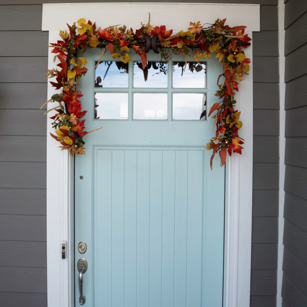 9' Artificial Garland with Lights, Fall Harvest Leaf