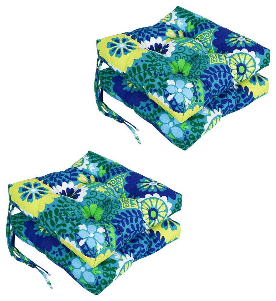 16" Patterned Outdoor Square Tufted Chair Cushions, Set of 4, Luxury Azure