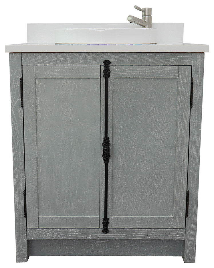 30" Single Vanity, Gray Ash, White Engineered Stone Top, Round Sink