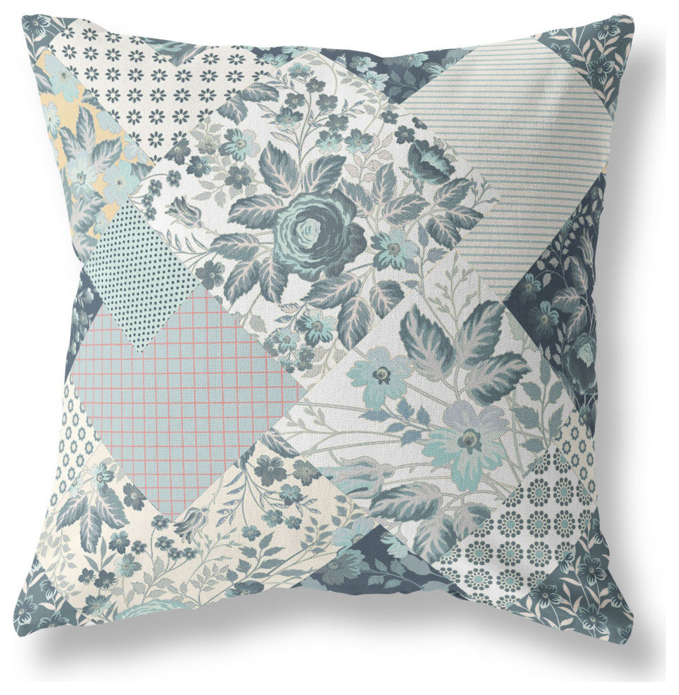 20" Teal White Boho Floral Indoor Outdoor Throw Pillow