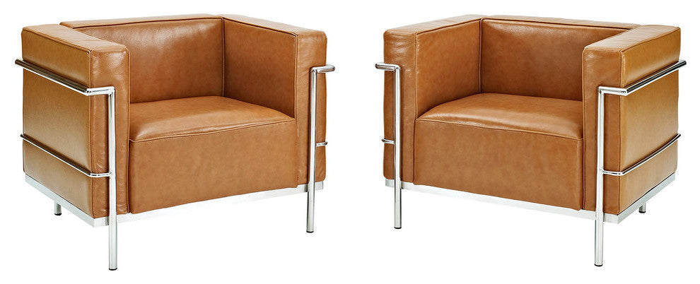 Modern Contemporary Living Room Leather Armchairs Set of 2 Tan