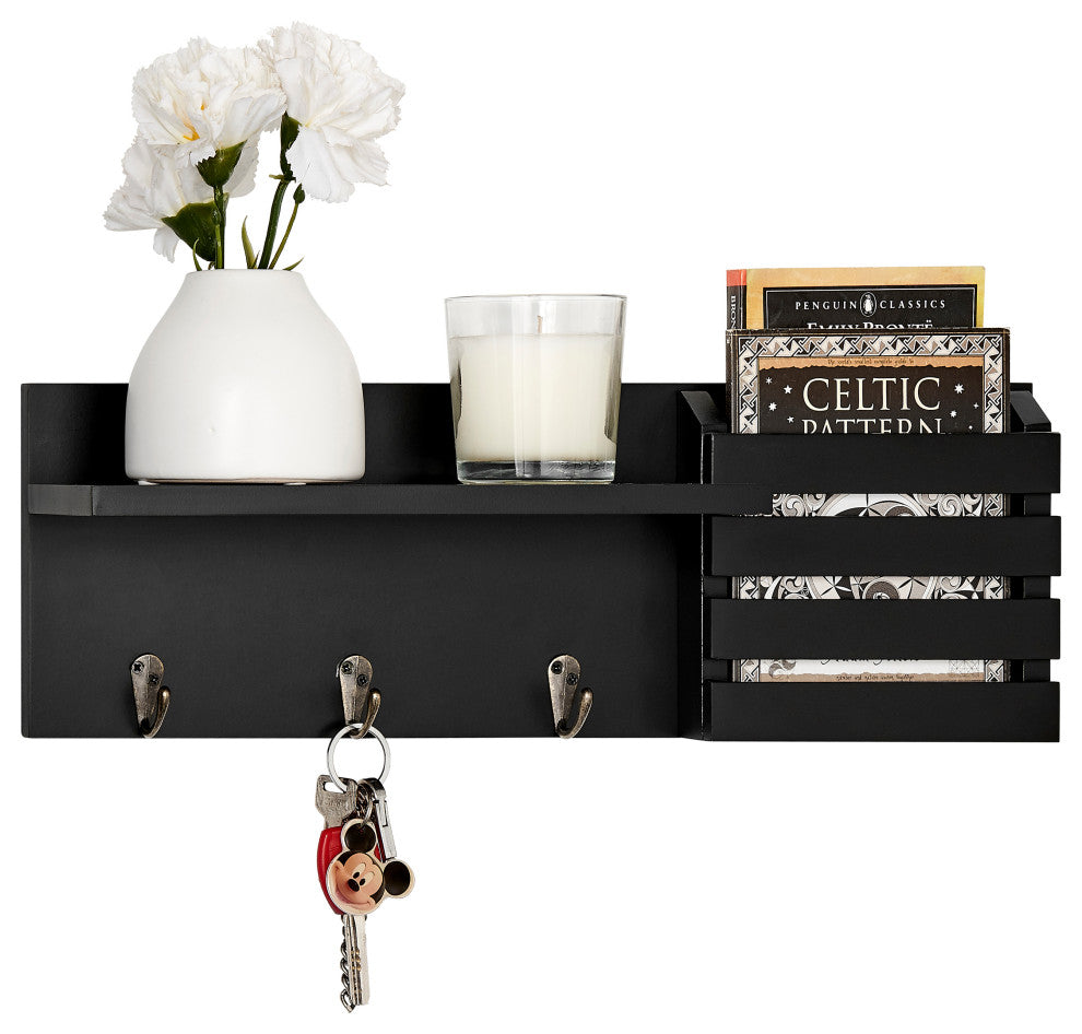 Danya B. Utility Shelf With Pocket and Hanging Hooks, Black