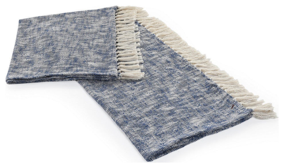 Boho Chambray Throw Blanket with Fringe, Navy Blue