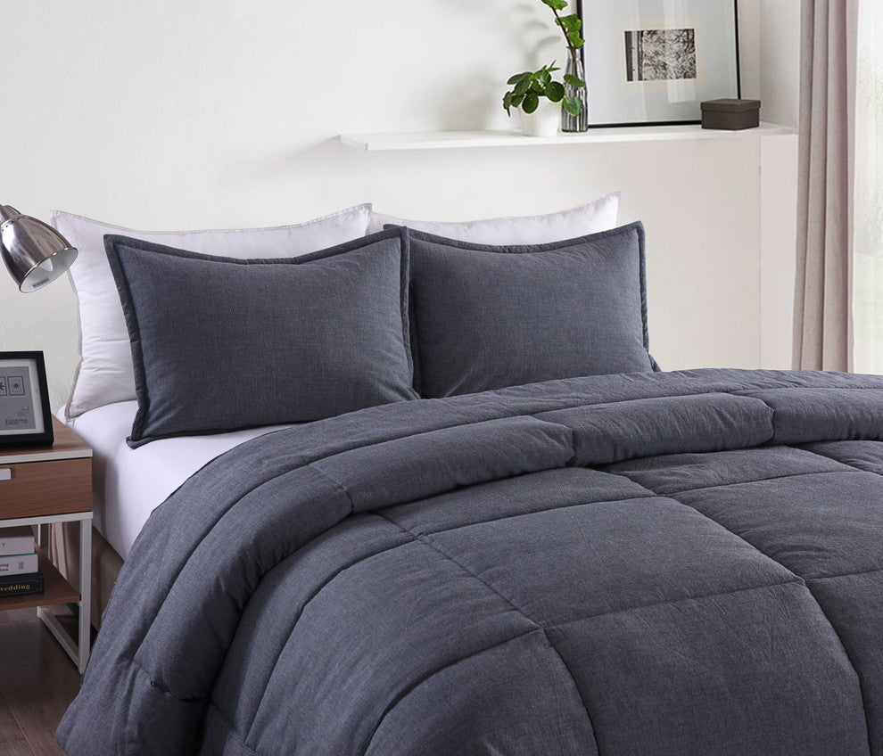 Washed Cotton Comforter Mini Set, Gray, Full/Queen