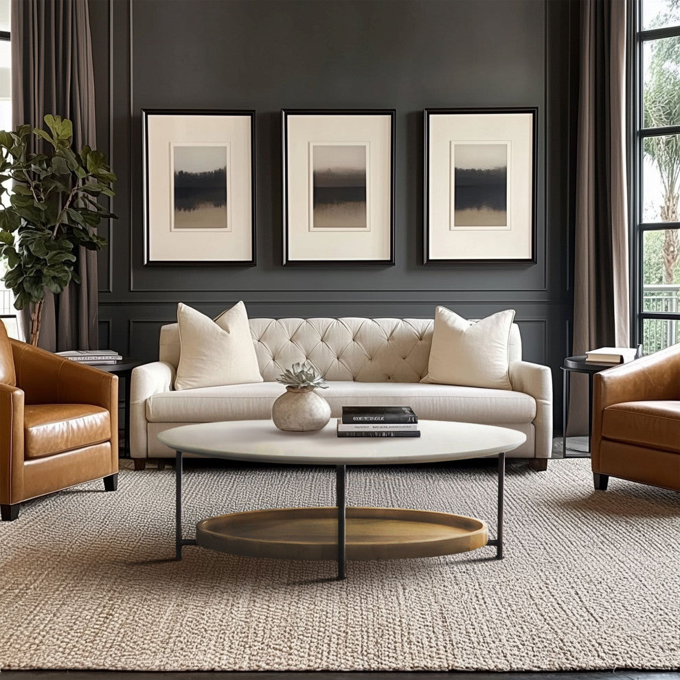 Madison Park Beaumont White Oval Coffee Table With Wood Base Shelf, Coffee Table