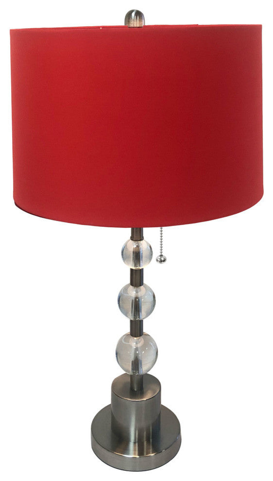 Brush Nickel Lamp with Crystal Ball Accents and Red Shallow Drum Hardback Shade