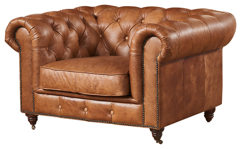 Leather Chesterfield Arm Chair, Light Brown
