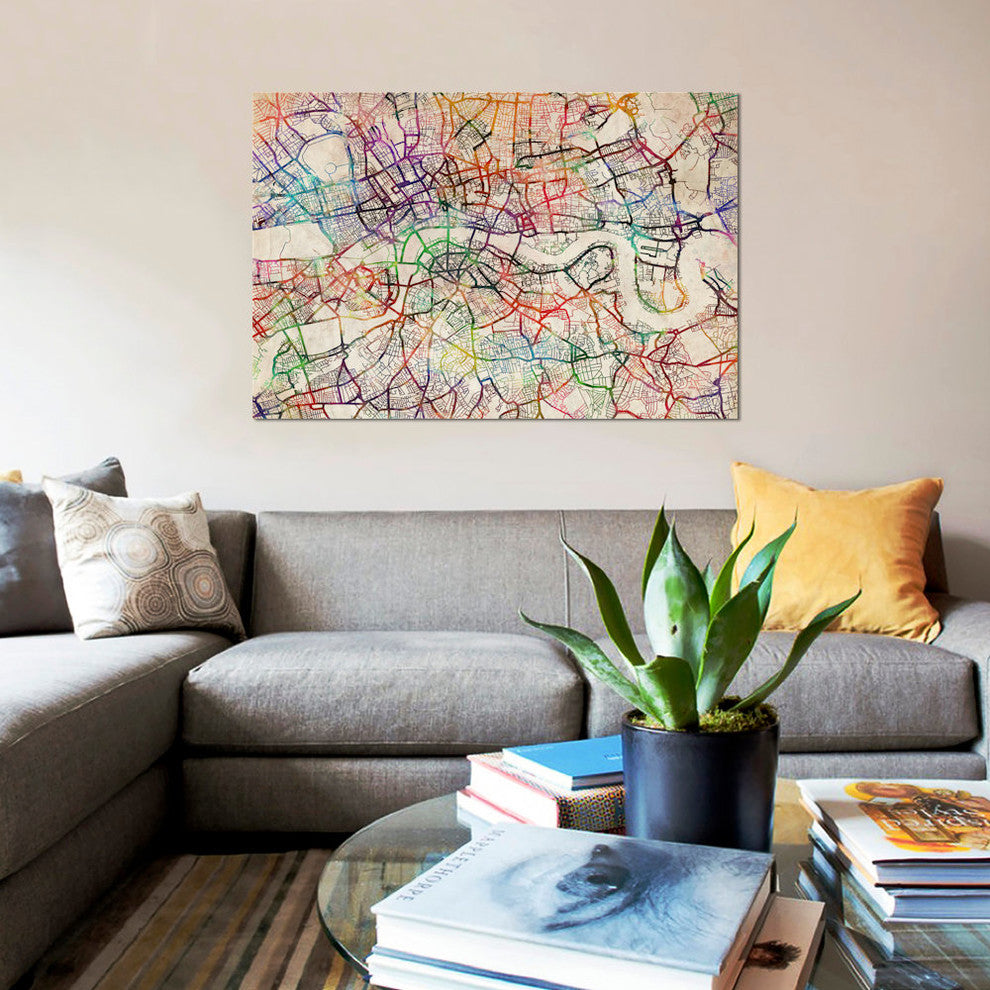 "London Map Watercolor" by Michael Tompsett, Canvas Print, 40x26"