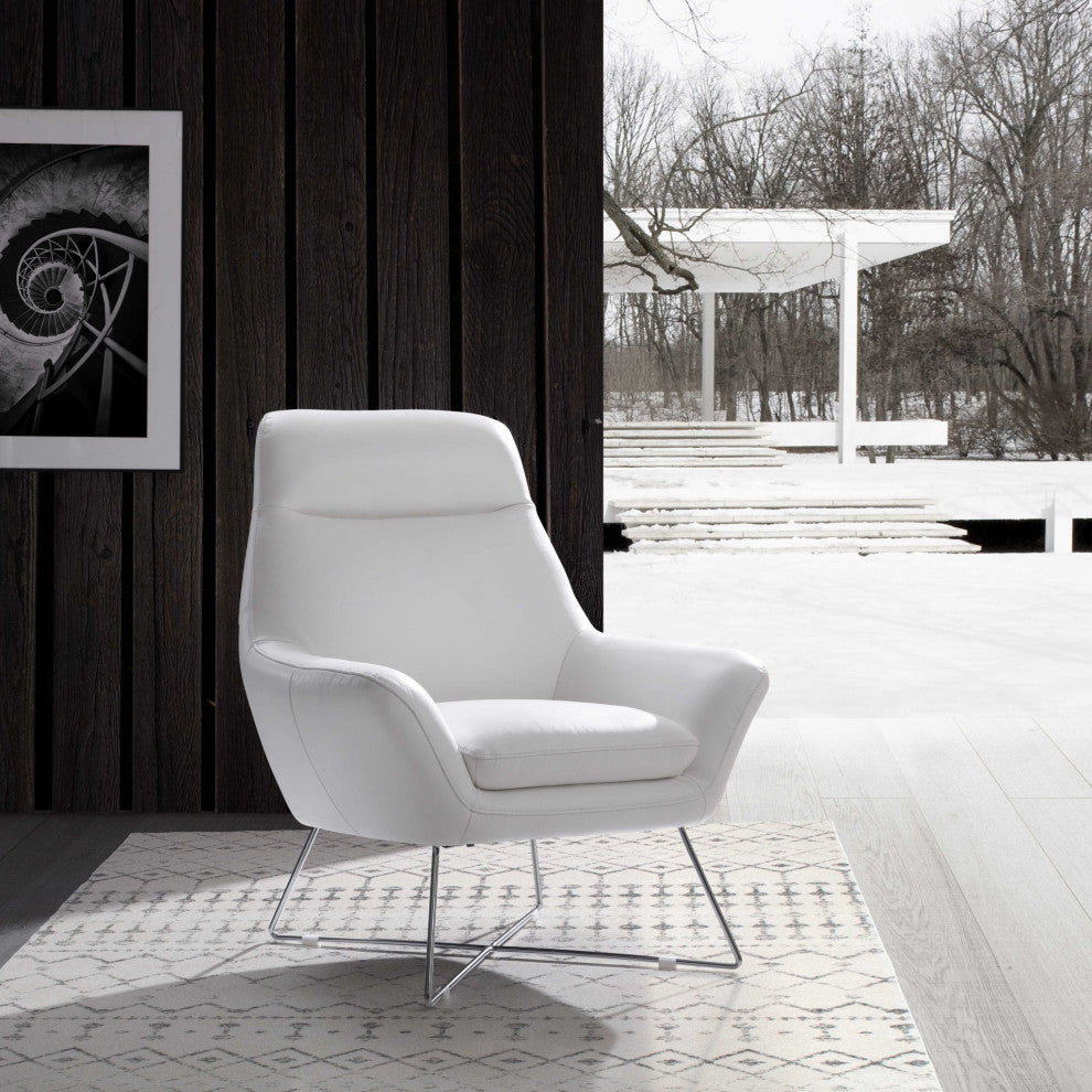 HomeRoots Chair White Top Grain Italian Leather Stainless Steel Legs.
