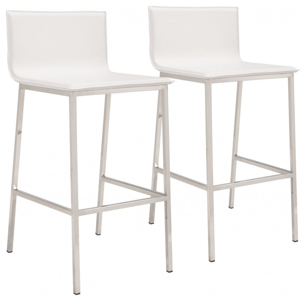 Set of Two Designer White Faux Leather and Steel Barstools