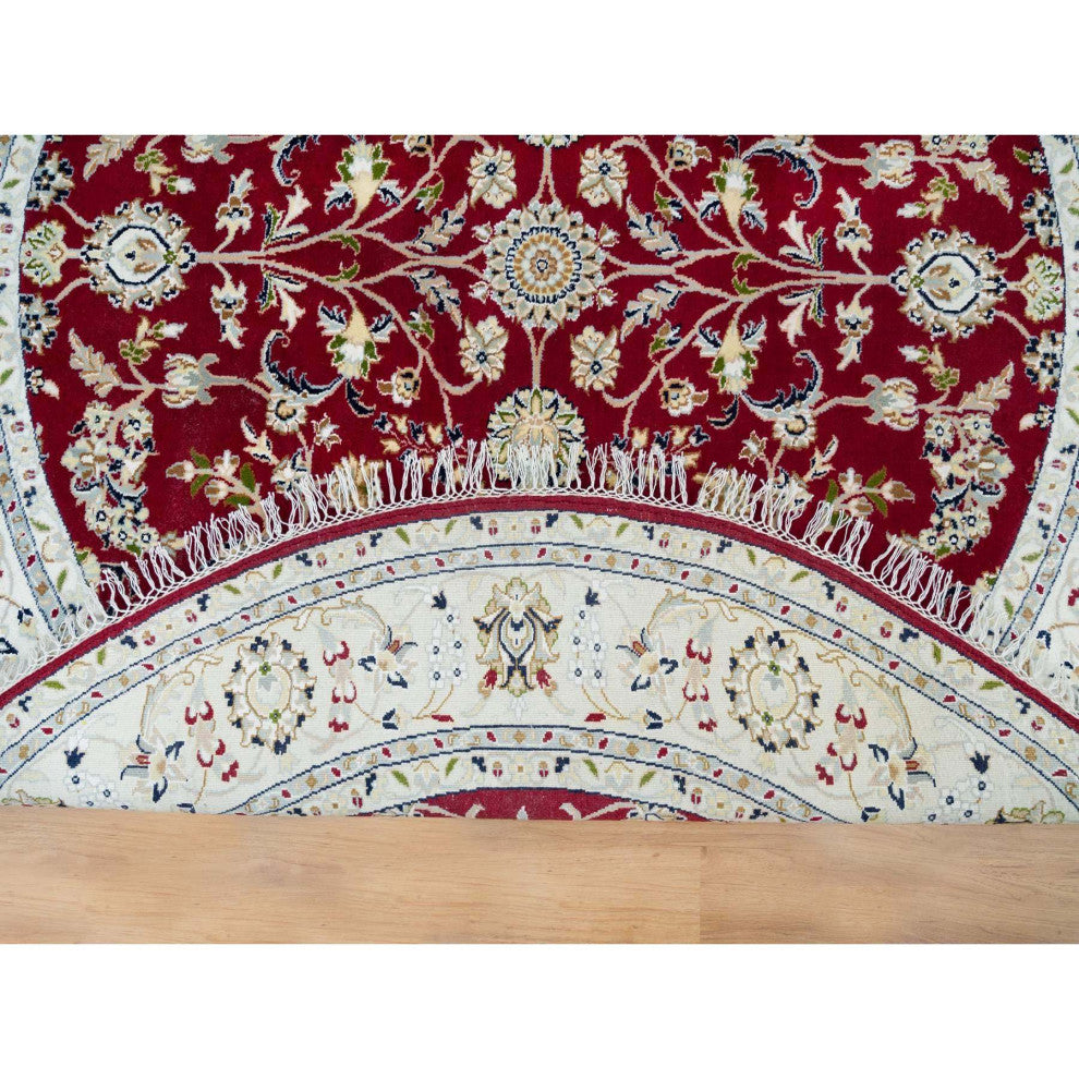 Red, 250 KPSI, Organic Wool, Hand Knotted, Nain Design Round Rug, 6'x6'