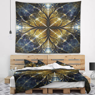 Digital Gold Fractal Flower Pattern Abstract Wall Tapestry, 92"x78"